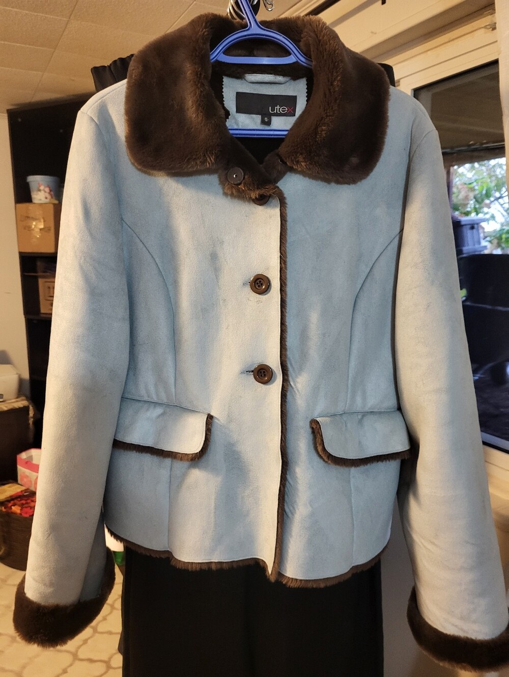 Utex Brown and Light Blue Shearling-Lined Pea Jacket